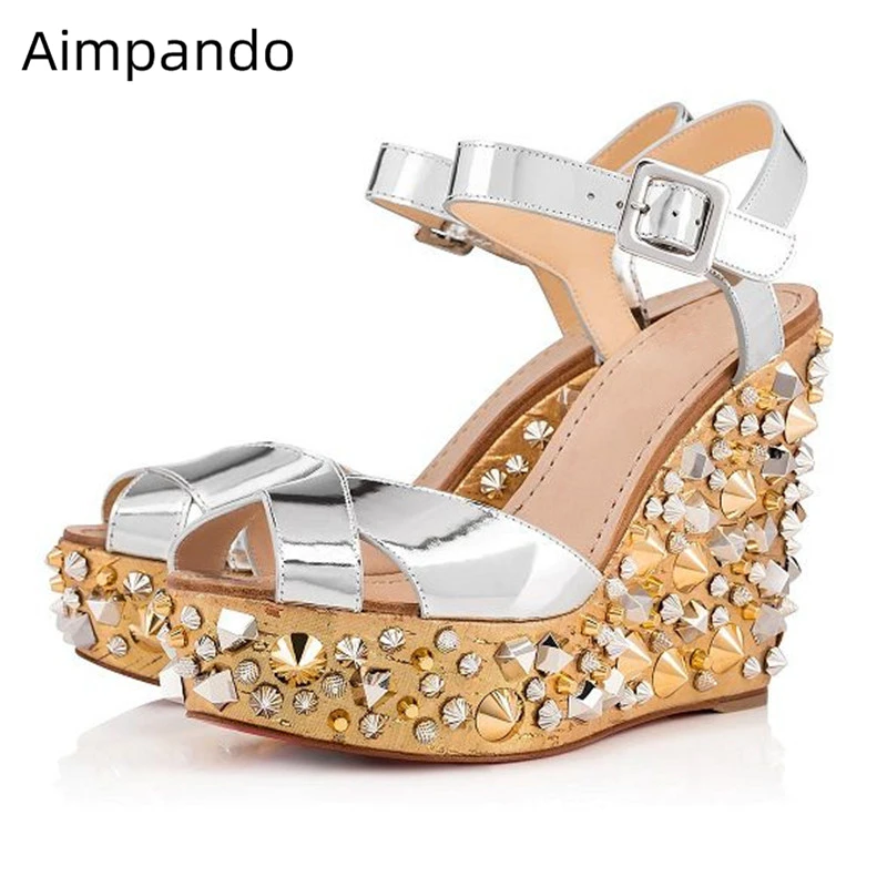 

Luxury Rhinestone Rivet Decor Wedges Summer Shoes Woman Silver Cross Band Open Toe Ankle Strap High Platform 2019 Sandals Women
