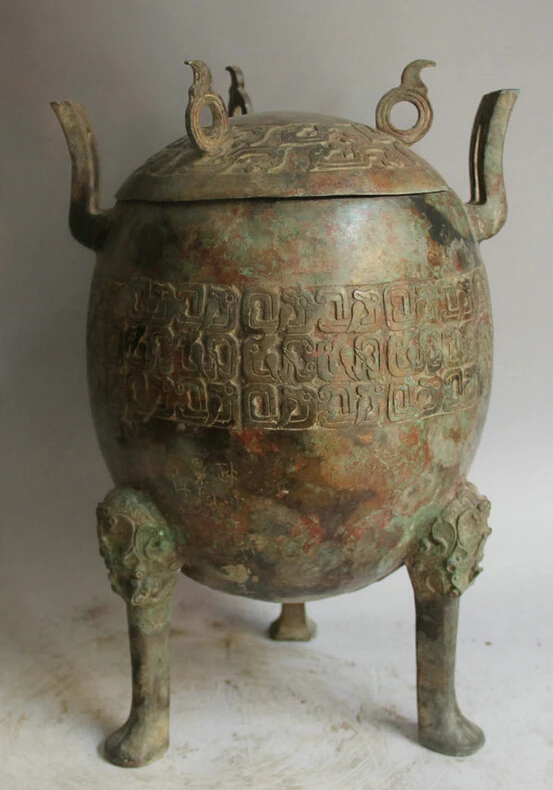 

Elegant old S2073 Chinese Bronze 3 Foot Beast Head handle food vessel kettle Pot Jar Crock statue