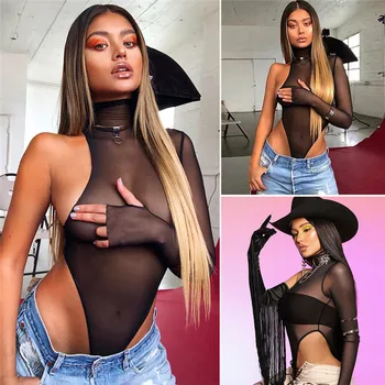 

Women Sexy Mesh See-through Bodysuit Black One Sleeved High Neck skinny Jumpsuit Top Three-point mesh Perspective playsuit