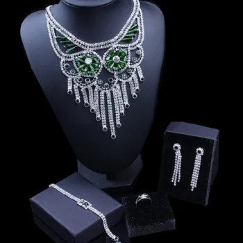 

New Trendy Luxury Bridal Jewelry Sets Sparkling Gift Green Crystal Necklace Earrings Bracelet Ring Set For Women Wedding Jewelry