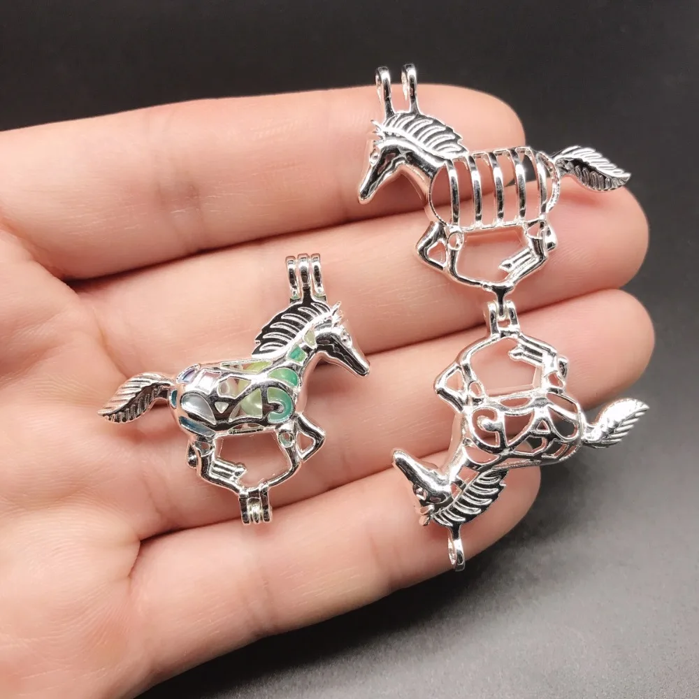 

10pcs Bright Silver Running Horse Pearl Cage Jewelry Making Supplies Beads Cage Pendant Essential Oil Diffuser Trendy Locket