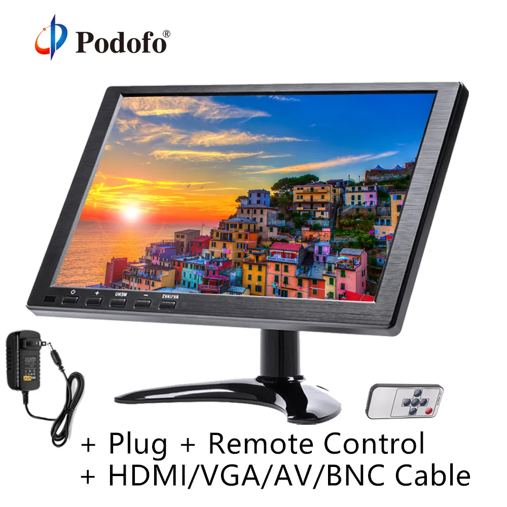 

Podofo 10.1" LCD Monitor Mini TV & Computer Display Color HD Screen 2 Channel Video Input Security Monitor With Speaker VGA HDMI