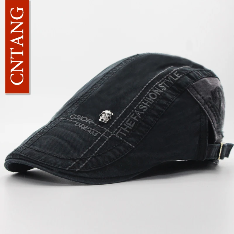 Beret hat CNTANG Casual Letter Embroidery Skull Beret Cotton Visor Cap For Men Fashion Hat Retro Flat Caps Button Adjustable Berets