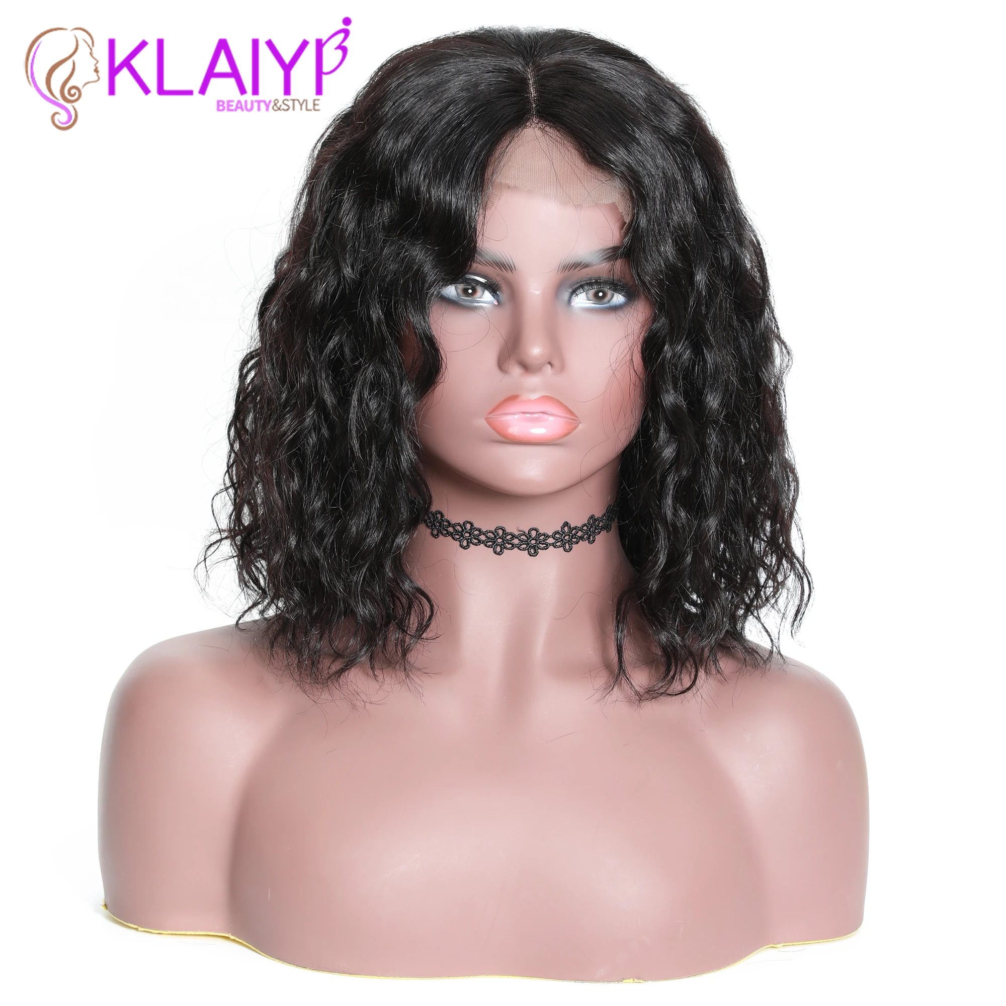 

Klaiyi Hair Water Wave Bob Human Hair Wigs 8-14 inch Pre Plucked Brazilian Remy Hair 13*4 Lace Front Wig 130%-180% Density