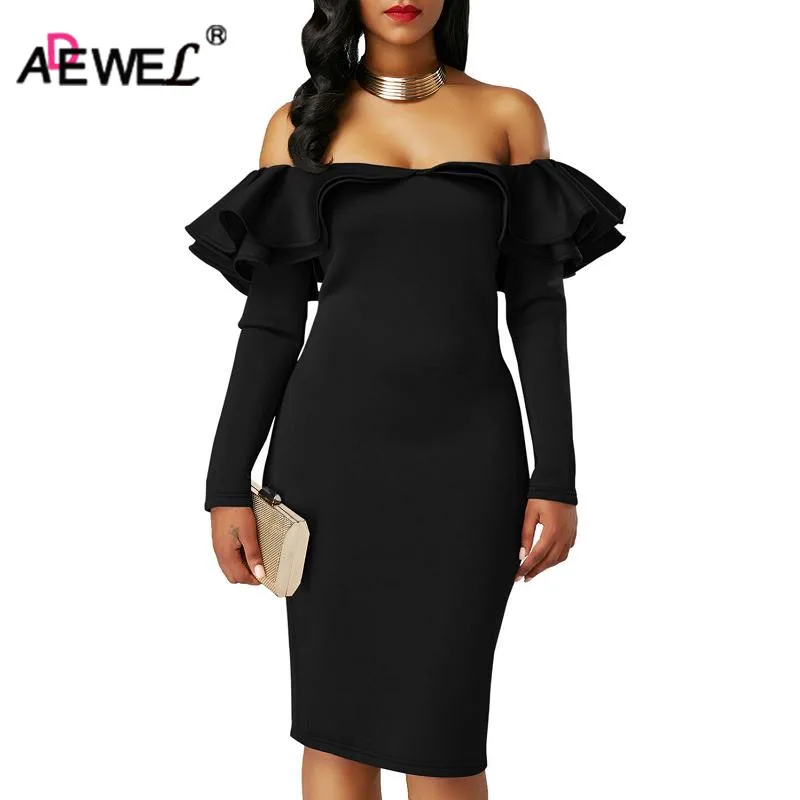 

ADEWEL New Autumn Double Ruffles Women Party Dress Off Shoulder Sexy Bodycon Dress Club Wear Long Sleeve Elegant Dress