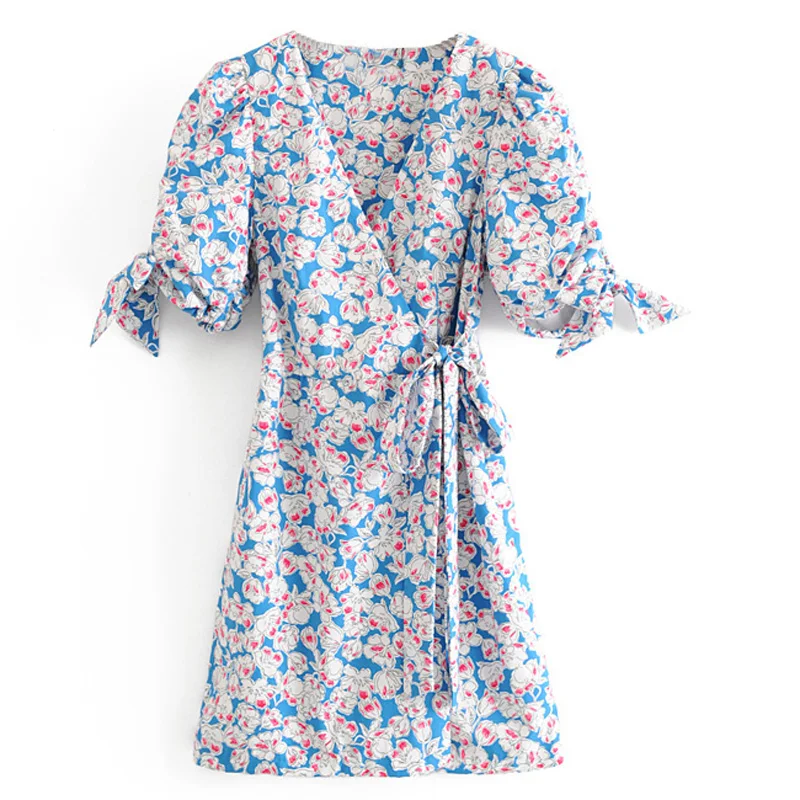 

Fandy Lokar V Neck Printed Dresses Women Fashion Mini Dress Women Elegant Tie Blet Waist Dress Female Ladies GP