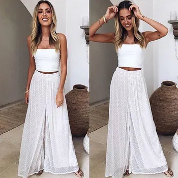 

Women High Waist Wide Leg Pants 2018 Casual Elastic Long Wide Leg Pants Fitness Pencil Trousers Fashion Ladies White Long Pants