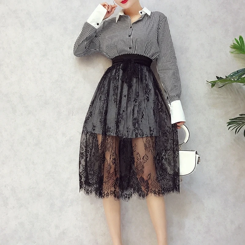

2018 Spring New Arrival Women Turn-down Collar Single Breasted Shirt Dress + High Waist Lace Flowers Pattern Skirt 2 Piece Sets
