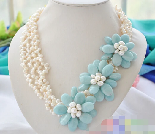 

ddh002982 4row white rice pearl blue Amazonas stone flower necklace