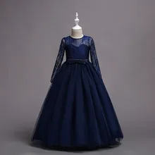 Недорогая детская официальная вечерняя одежда для свадьбы; цвет мятный, зеленый, шампань, бежевый, красный, темно-синий; Платья с цветочным узором для девочек с кружевными рукавами