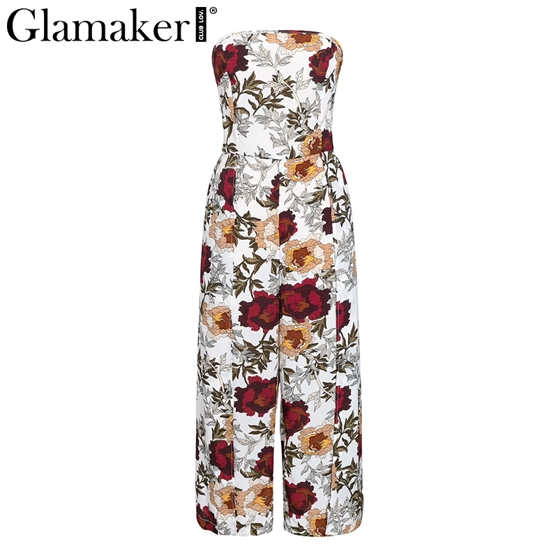 Glamaker Off shoulder floral print wide leg pant Sexy holiday backless bow split  jumpsuit romper Female spring elegant jumpsuit