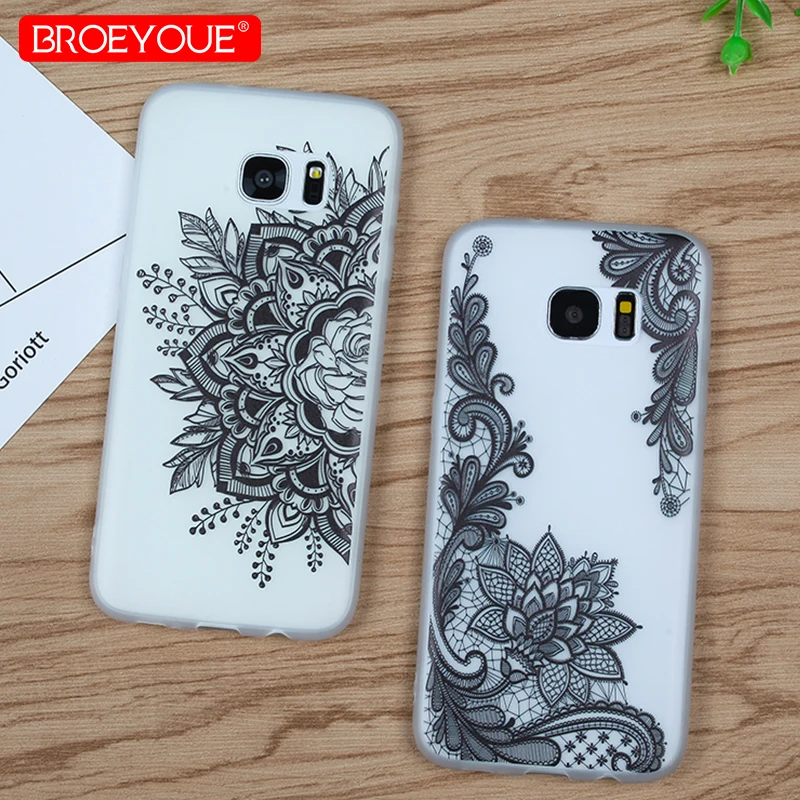 

Transparent Back Case For Samsung S7 Edge Sexy Lace Black Retro Flowers Mandala Soft Silicone Cases For Samsung Galaxy S7 Edge