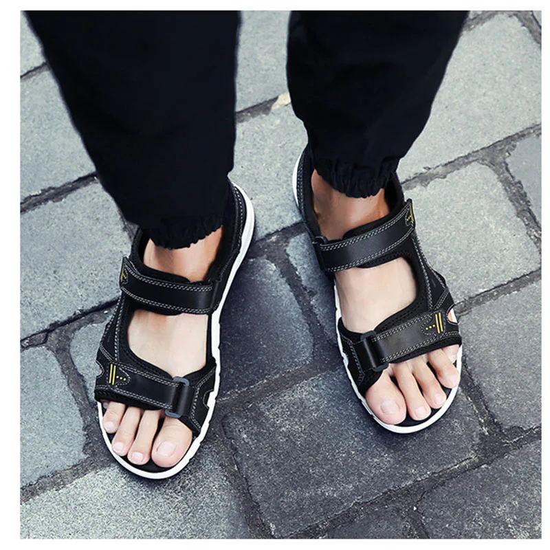 

KESMALL Genuine Leather Sandals For Men Summer Cow Leather Flat Shoes Men's Leather Casual Shoes Casual Soft Beach Shoes WS98