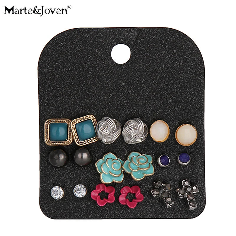 

Marte&Joven 9 Pairs/set Gun Color Rhinestone Cross Ear Studs Sets Women Classic Circle/Square/Ball Stud Earring Lot for Girls