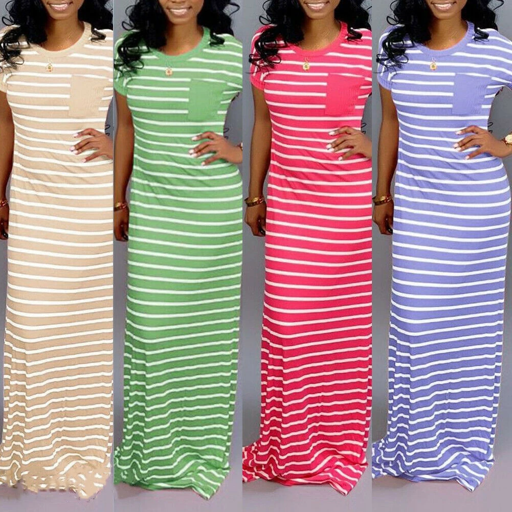 Женское летнее повседневное Полосатое пляжное платье с круглым вырезом, сарафан, праздничное тонкое простое Свободное длинное платье макси с коротким рукавом и круглым вырезом