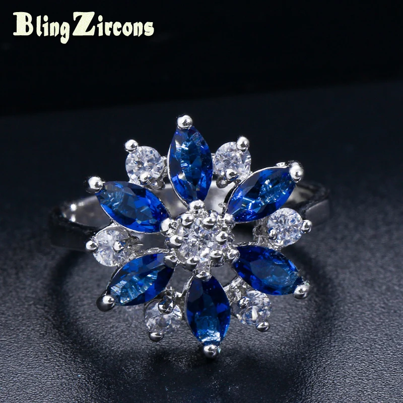 

BeaQueen Shiny Oval Round Cubic Zircon Crystal Royal Blue Jewellry CZ Marquise Stone Flower Engagement Rings for Women R049