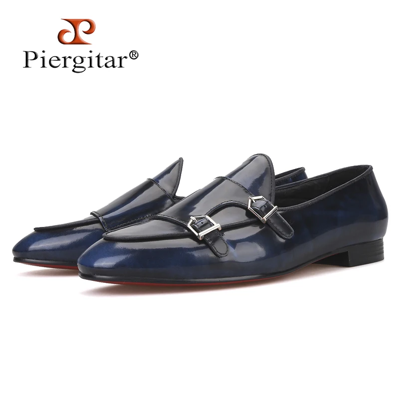 Piergitar/2019 Мужские модельные туфли ручной работы из телячьей кожи темно-синего цвета с металлической пряжкой, модные вечерние и свадебные