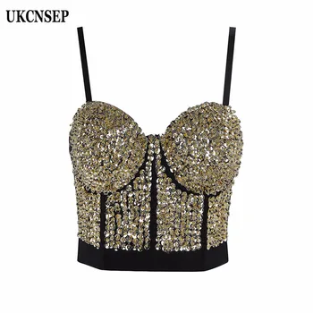 

UKCNSEP 2020 New Vestidos Women Sexy V Neck Beading Rivet Sequined Bodycon Short Fashion Top Party Club Summer Top Vest INS