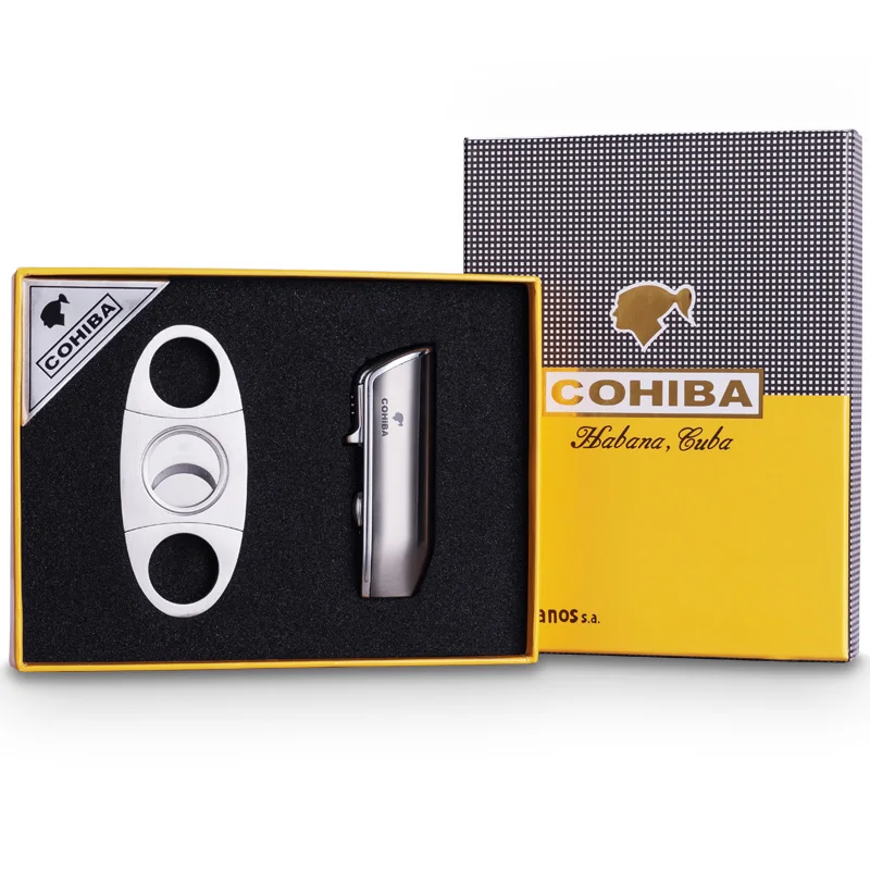 COHIBA металлическая ветрозащитная мини-карманная зажигалка для сигар 3 реактивного синего пламени зажигалки для сигарет с подарочной коробкой для сигарет с резцом