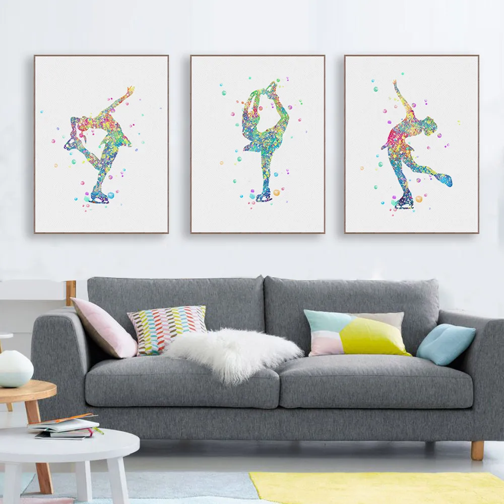 Modern-Watercolor-Skating-Art-Print-Poster-Abstract-Winter-Sports-Girl-Wall-Picture-Big-Canvas-Painting-Living