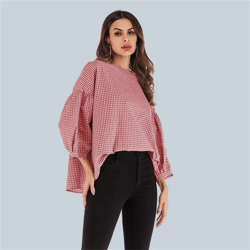 

2019 Spring Summer Round Collar Fashion Plus Size Bubble Sleeve Loose Plaid Womens T-shirt Streetwear Puff Long Sleeve Clothes