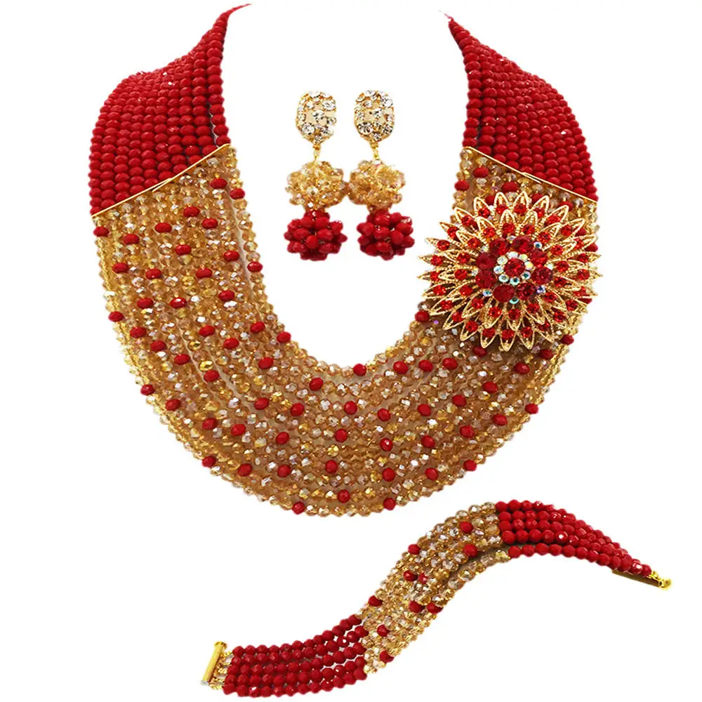Модные красные и прозрачные ожерелья с кристаллами AB, Комплект бижутерии, нигерийские Свадебные африканские бусы, комплект ювелирных изделий JL001 - Окраска металла: Opaque Red Gold