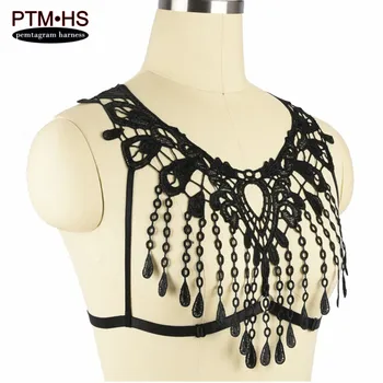 

Tassel Sexy Sheer Lingerie Wome Lace Cage Harness Bra Crop Top Elastic Strappy Bondage Chest Bustier Goth Fetish Exotic Corset
