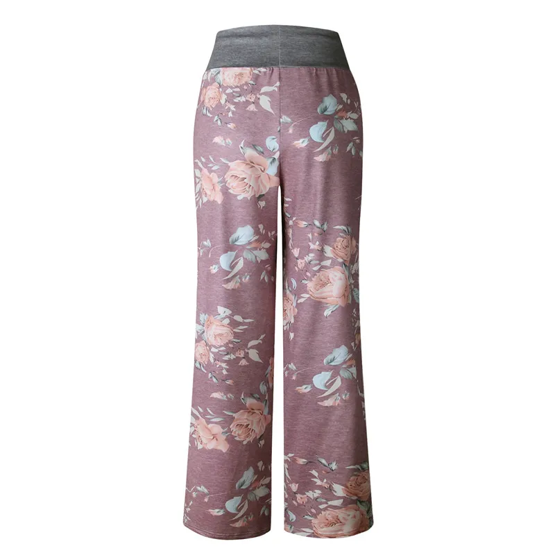 Осенние повседневные свободные брюки женские модные с цветочным принтом Drawstring Широкие Брюки Большие размеры прямые брюки женские