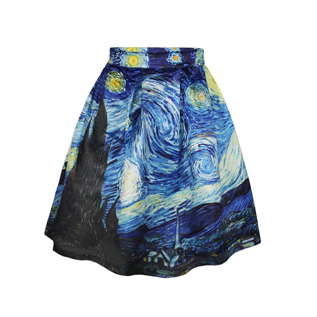 Модные атласные женские Винтажные Ван Гог звездное небо живопись маслом 3D печать Высокая талия юбка рокабилли пачка Ретро роскошная юбка - Цвет: Многоцветный