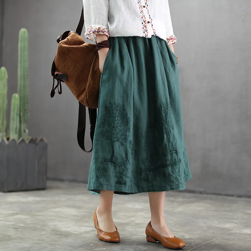 

Spring cotton and linen skirt women elastic waist retro embroidery A-line skirt 62008-1 lpp
