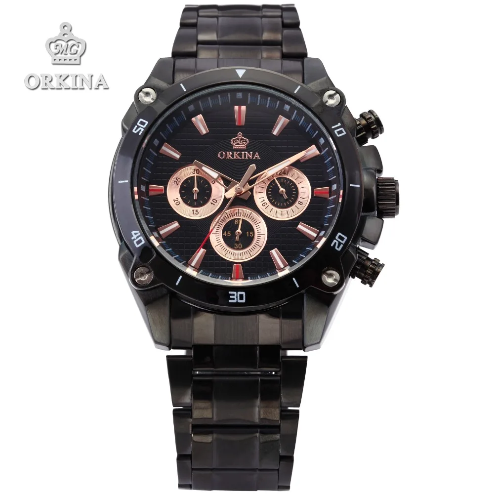 Orkina Brand Mens Quartz Analog Stop Wrist Watch 2016 Men Black Stainless Steel Case Black Dial Clock Male Sports Fashion Watch цена Orkina Brand Mens Quartz Analog Stop Wrist Watch 2016 Men Black Stainless Steel Case Black Dial Clock Male Sports Fashion Watch цены онлайн