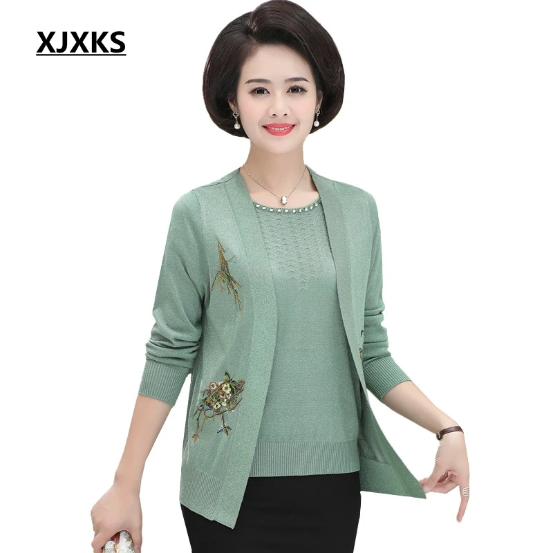 

XJXKS 2019 Spring Elegant New Women Two-piece Set Female Middle-aged Embroidery Cardigan Plus Size Women Cardigan Sweaters Set