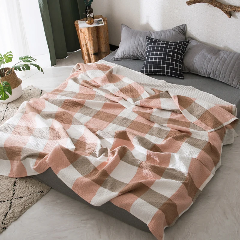 

Water Washed Yarn Dyed Cotton Muslin Throw Adult Blanket Muslin Gauze Reversible Throw for Bed Couch Sofa