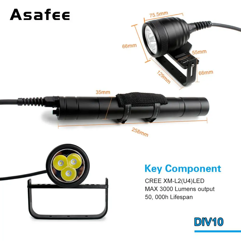  Asafee Canister Scuba Diving Light Torch 10 Degree Cree XM-L2 U4 Waterproof LED Dive Light 26650 Ca - 32816459658