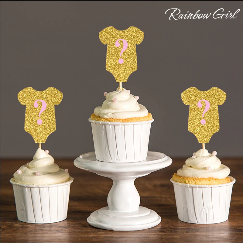 Set of 24 Gold Gender Reveal Cupcake Toppers Girl or Boy Pink or Blue Party Decorations 