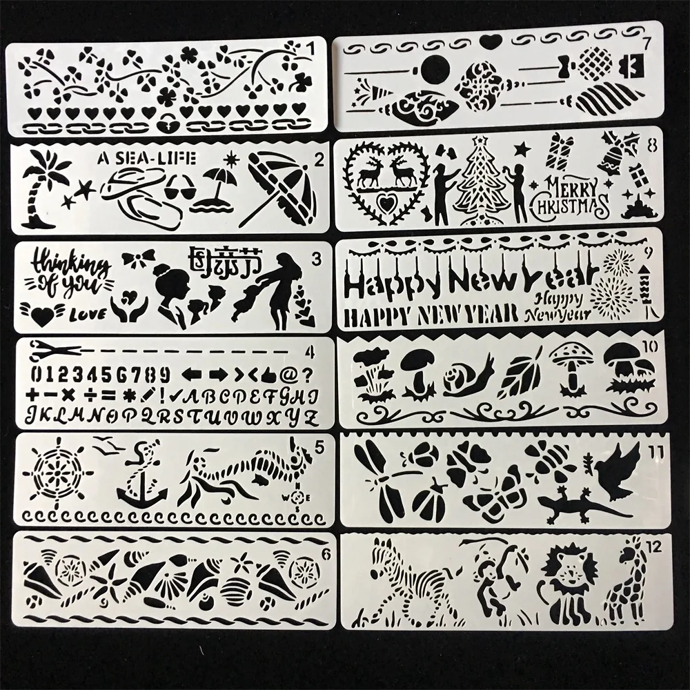 

Hot 12Pcs 20x5.8cm Mother's Day DIY Layering Stencils Painting Scrapbook Coloring Embossing Album Decorative Paper Card Template