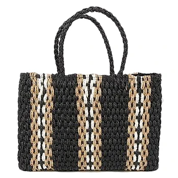 

NEW-New Portable Square Stripe Straw Bag Fashion Large Capacity Woven Shoulder Bags Single Beach Bag Female Big Handbag
