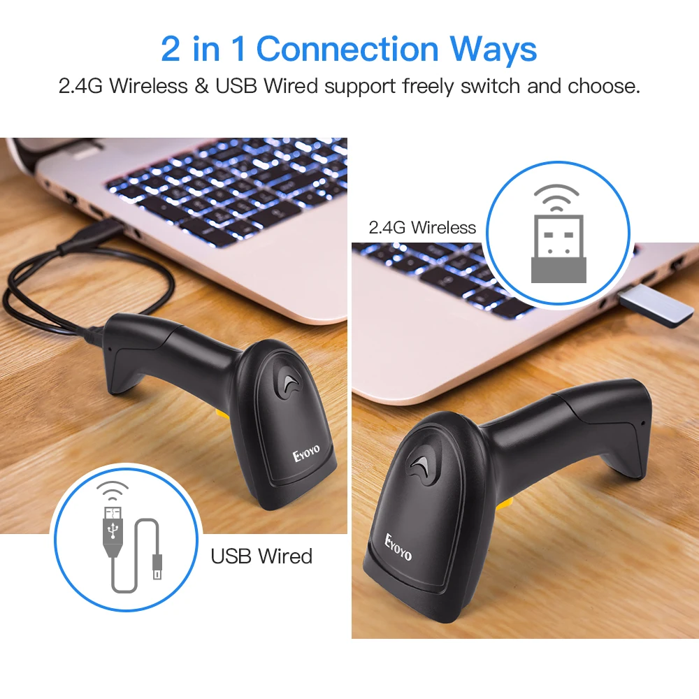 Eyoyo EY-800 1D Wireless Barcode Scanner 2-in-1 2.4G 1D Image Scanner with USB Receiver Work with PC POS Multi Languages Scanner