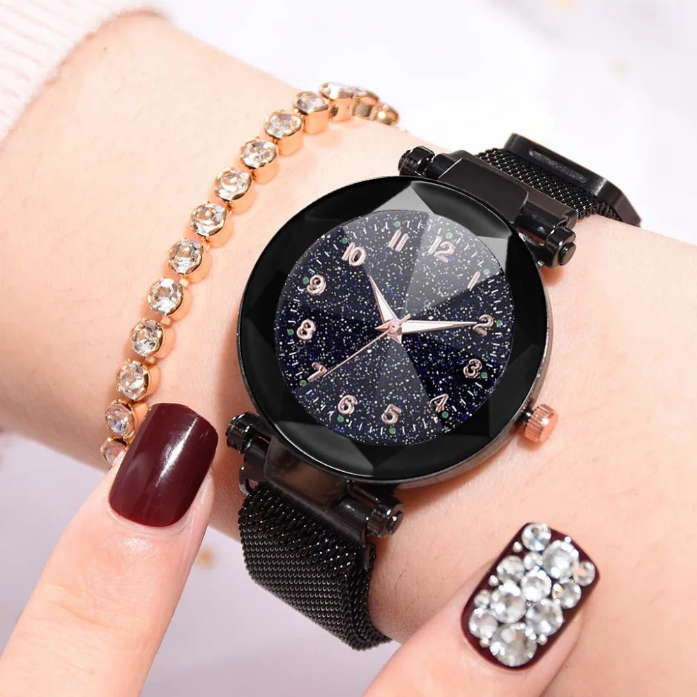 

Fashion Starry Sky Convex Glass Quartz Mesh With Magnetic Buckle Ladies Watch Montre femme Women Ladies Watches Analog Clock B40