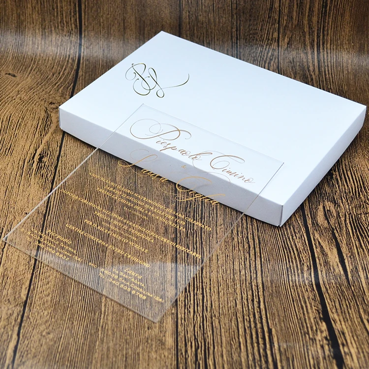 Gold screen printing acrylic wedding invitations with foil box