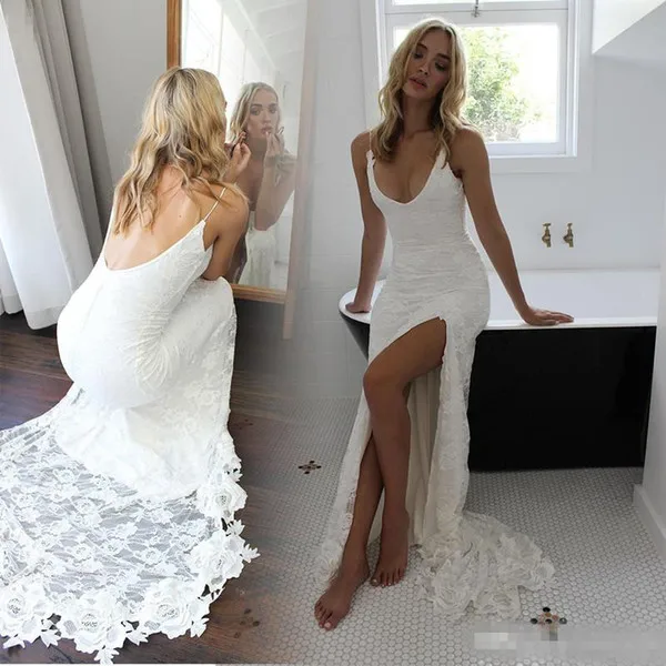

Sexy Wedding Dresses 2019 Summer Lace Floral Pattern Open Back Side Split Spaghetti Vestido de Novia casamento robe de mariee