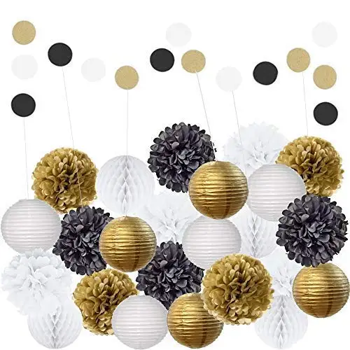 

25pcs black white gold hanging decorative birthday Party Set Paper Lantens Pom Poms Honeycombs Garlands