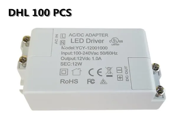 

DHL 100pcs 12W DC 1.0A 12V AC 100-240V Lighting Transformers high quality safe Driver for LED strip 3528 5050 power supply