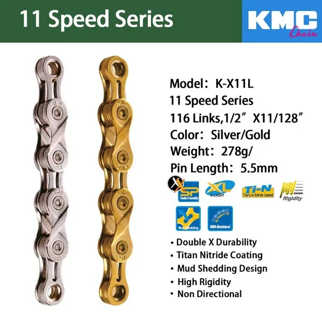 KMC цепь x11 x11L x11sl X11ept x11el x11.93 Золото Серебро для MTB/дорожный велосипед fo Shimano/SRAM 11 скорость 116л/цепь велосипед Полный полый - Цвет: X11L-Gold