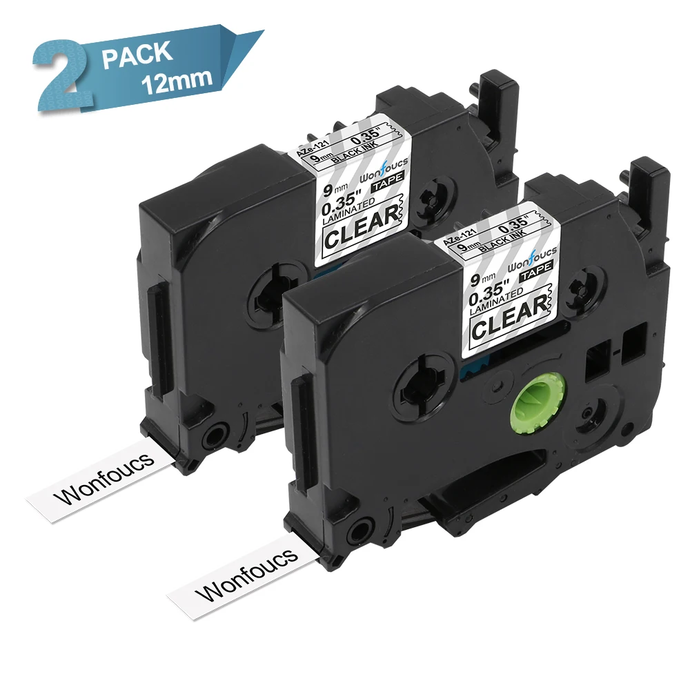 

Wonfoucs 2pcs Compatible Laminated Label Tapes TZe-121 Brother P-Touch Label Printer tze121 Black on Clear 9mm Label Ribbons