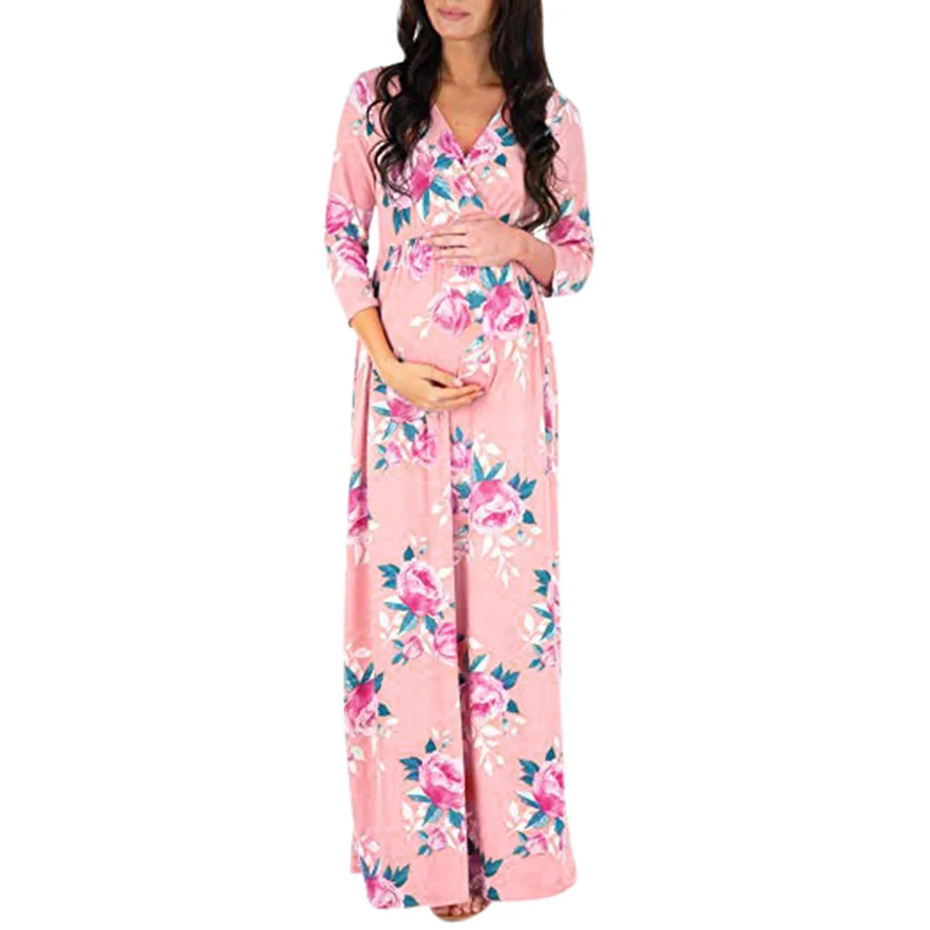 

Women Wraped Ruched Maternity Pregnant Floral 3/4 Sleeve V Neck Long Loose Dress