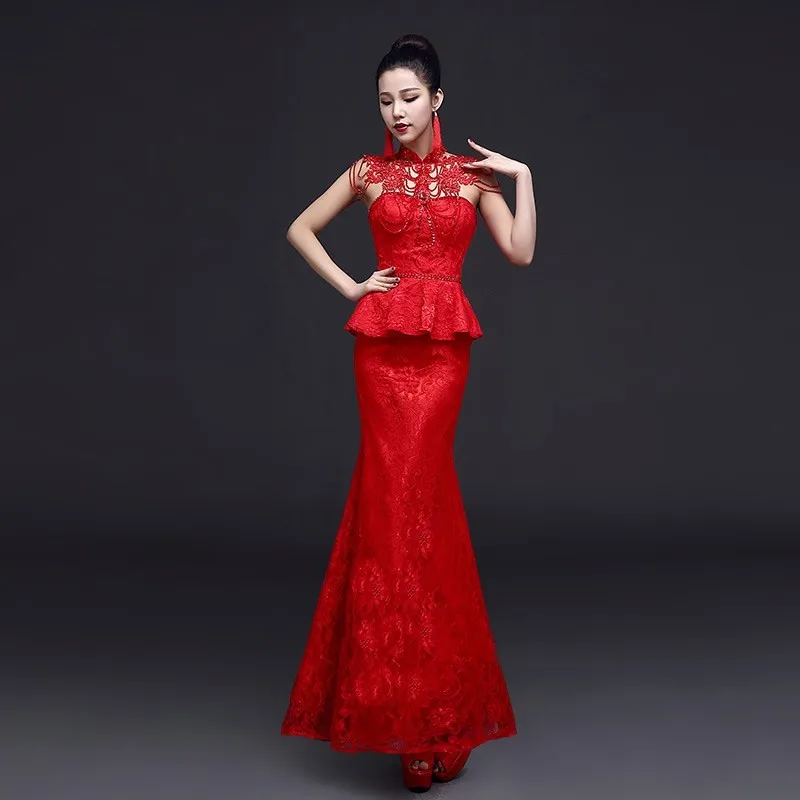 Мода 2016 года красный Кружево Русалка вечернее платье Qipao Cheongsam Китай Свадебные платья халат chinoise Сексуальная Китайский Платья для женщин