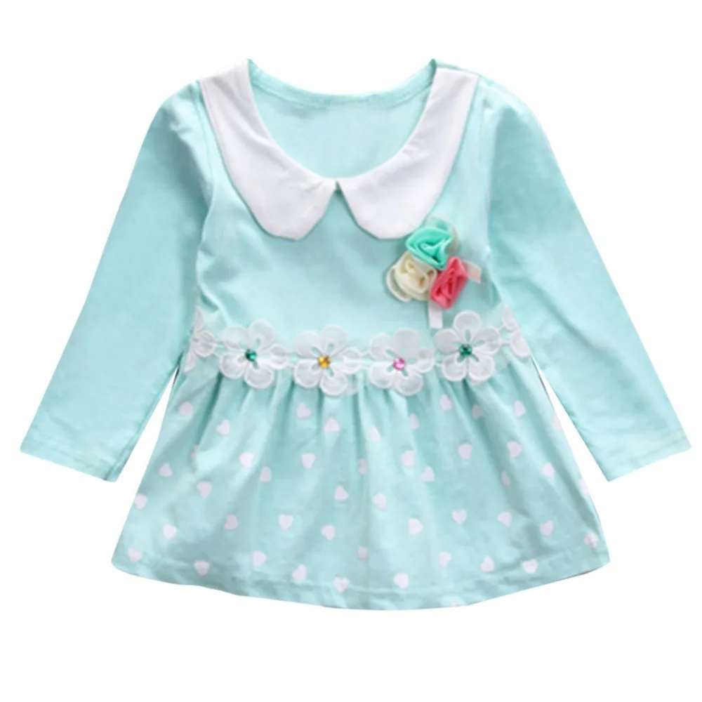 

Toddler Kid Baby Girl Long Sleeve Floral Polka Dots Party Princess Dress Tops