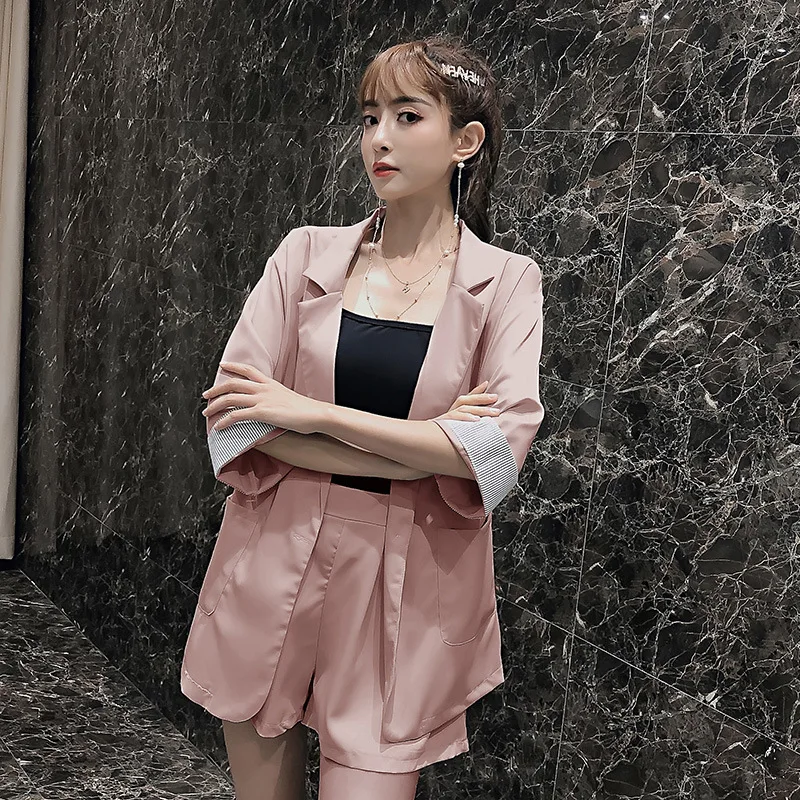 2019 women's suit Ladies summer new loose five-point sleeve suit jacket female Casual high waist shorts suit Two-piece set