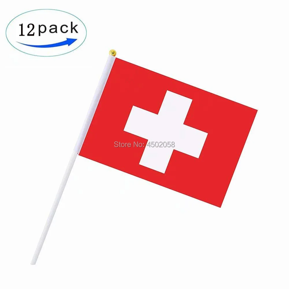 DFLIVE One dozen 12 Pack Switzerla Hand Held Flag 5'' x 8'' Stick Polyester CH Country Banner Desk Outside Waving Parade | Дом и